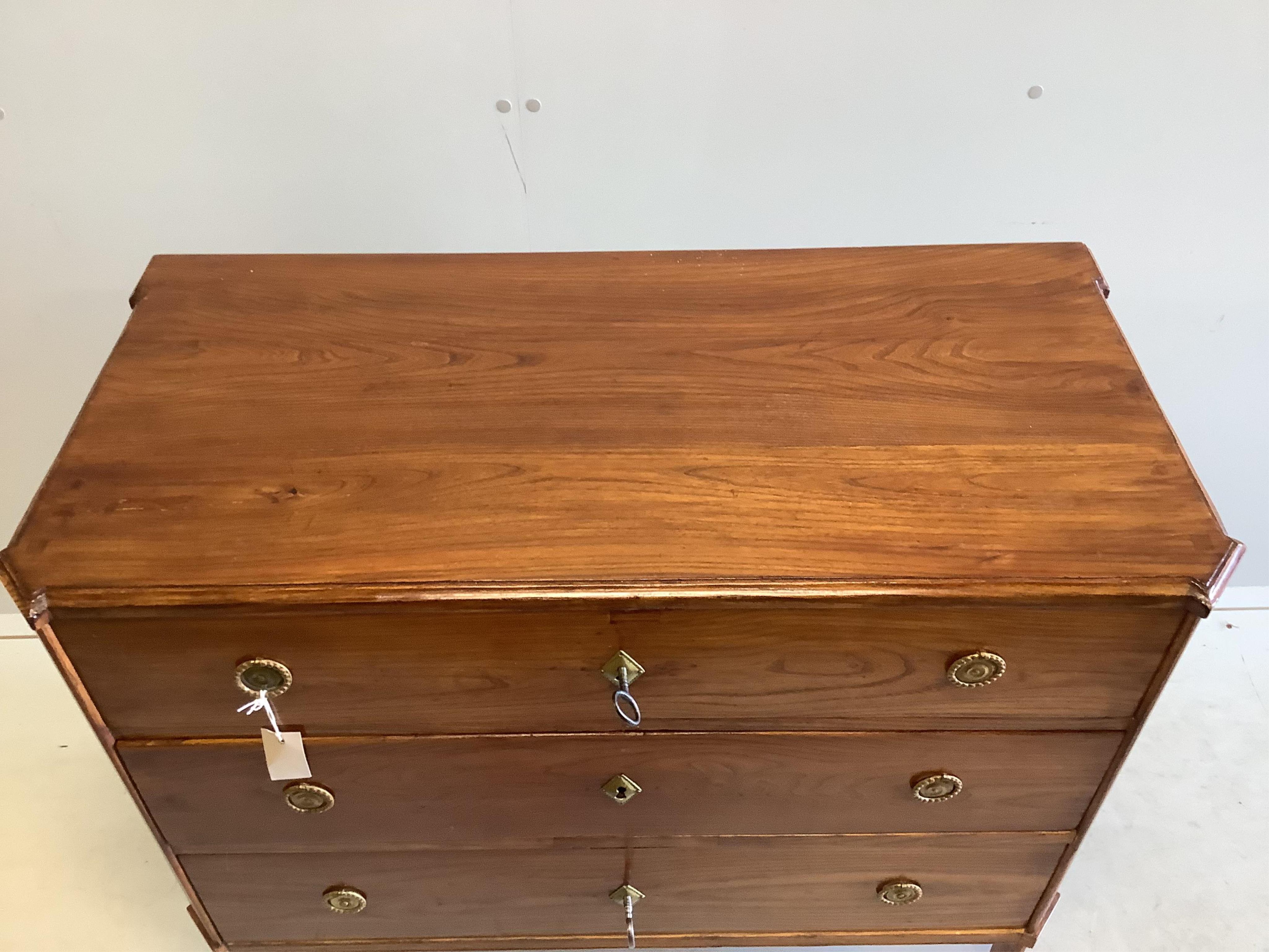 A 19th century Continental elm three drawer commode, width 99cm, depth 49cm, height 83cm. Condition - fair